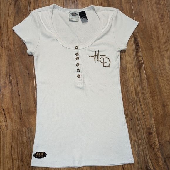 Harley-Davidson 110 Year Anniversary Short Sleeve White Henley Tee Women's Small - Picture 2 of 6
